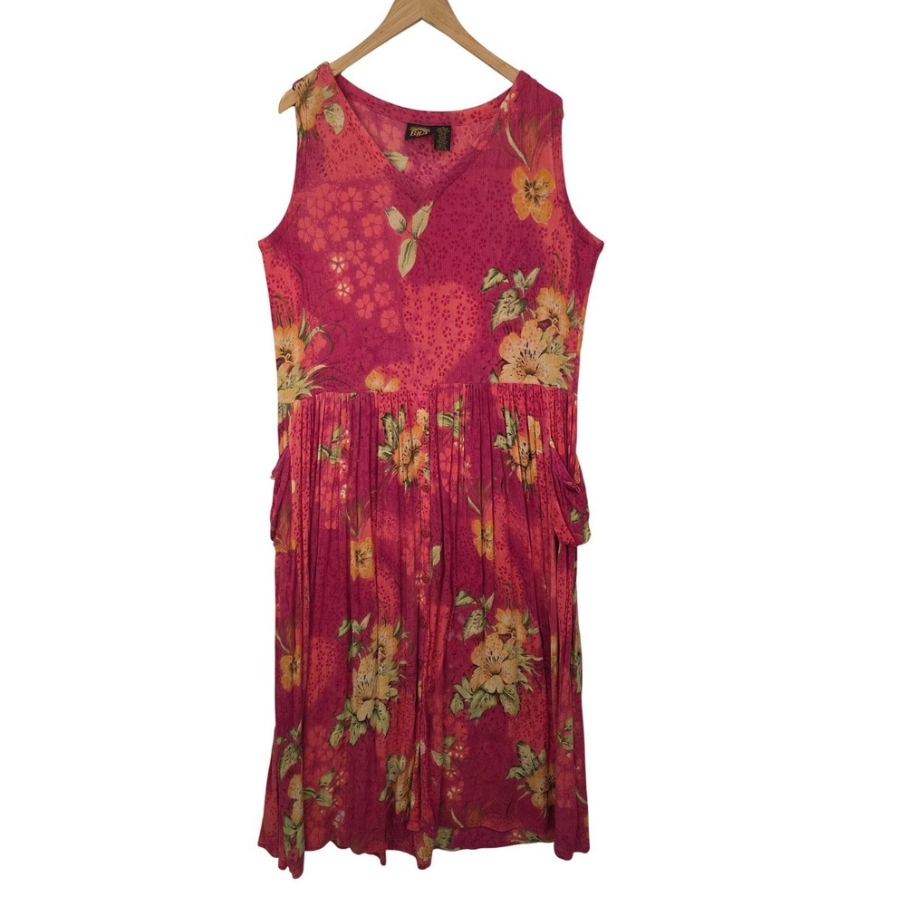 Bila M Rayon Floral Midi Dress Pink Sleeveless V Neck Button Front Pockets Boho - Picture 2 of 12